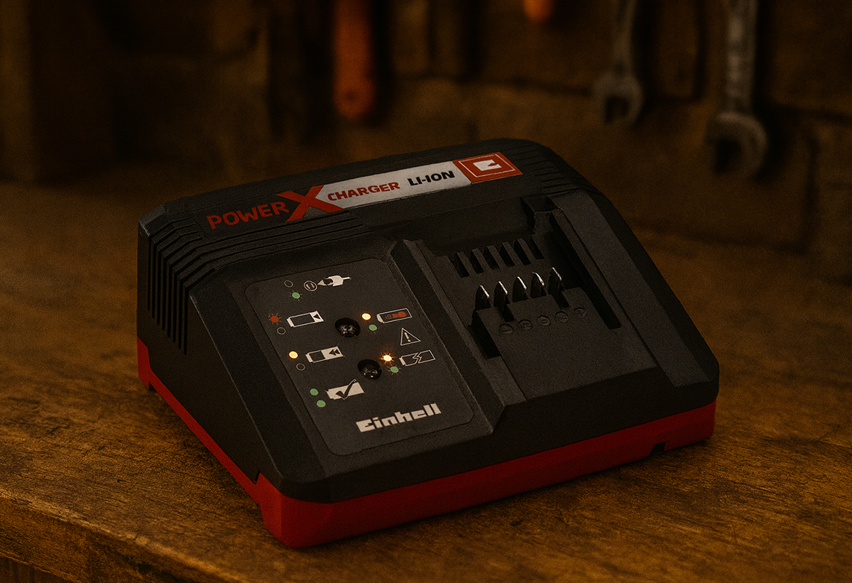 Απεικονίζεται ο φορτιστής πάνω σε πάγκο.